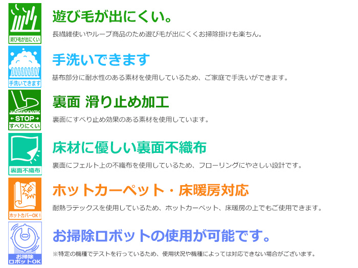 遊び毛が出にくい・手洗いできる・滑り止め加工・裏面不織布・ホットカーペット対応・お掃除ロボ対応